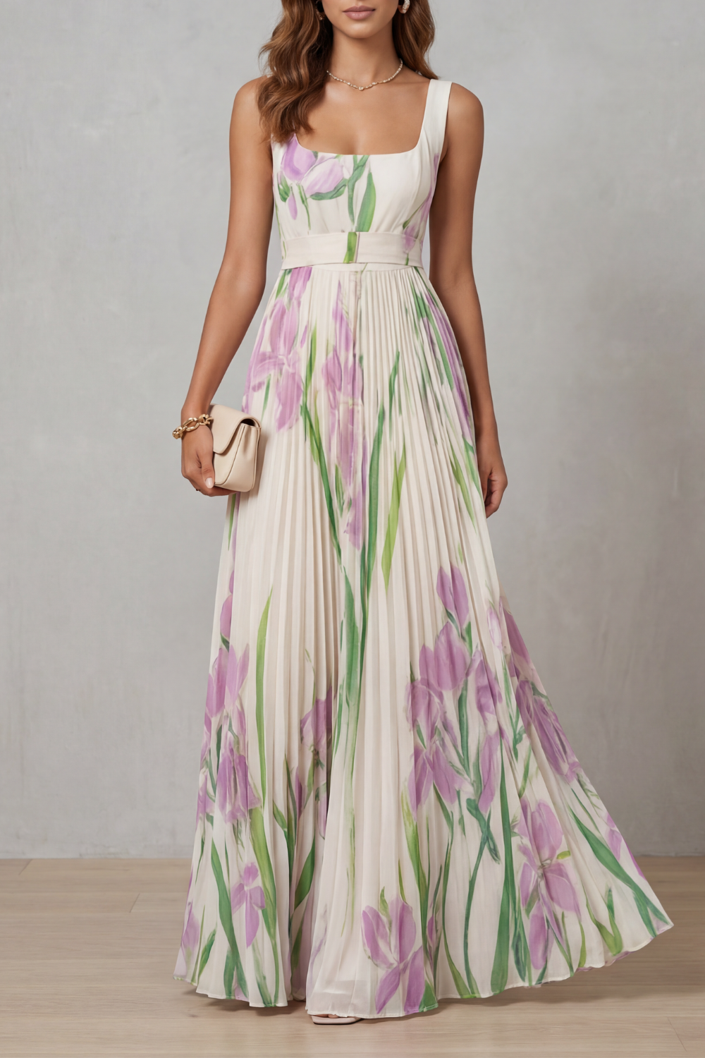 Phoebe | Maxi Dress Blush Pink Floral Pleated Square Neck for Women