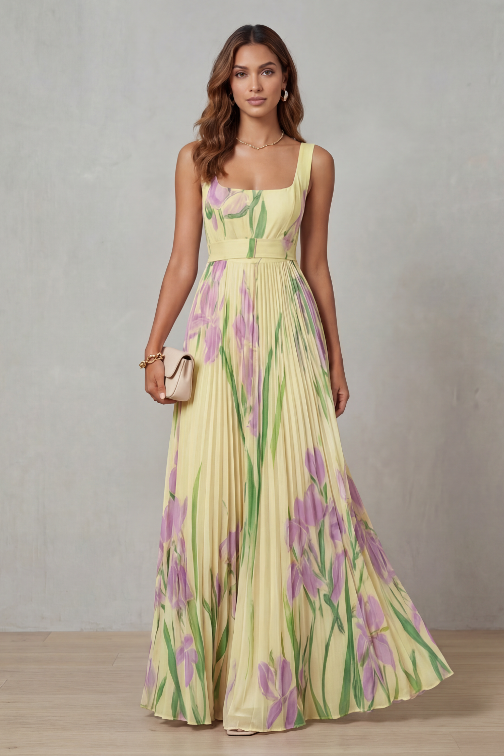 Phoebe | Maxi Dress Blush Pink Floral Pleated Square Neck for Women