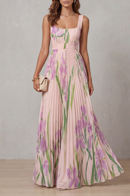 Phoebe | Maxi Dress Blush Pink Floral Pleated Square Neck for Women