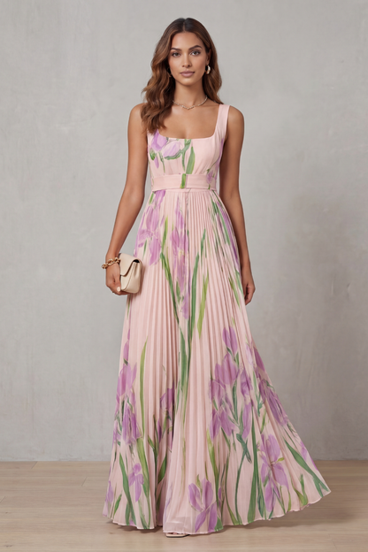 Phoebe | Maxi Dress Blush Pink Floral Pleated Square Neck for Women