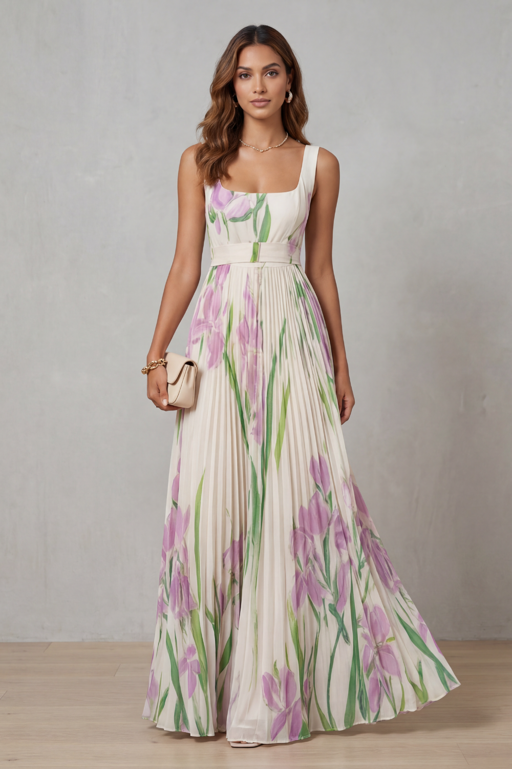 Phoebe | Maxi Dress Blush Pink Floral Pleated Square Neck for Women