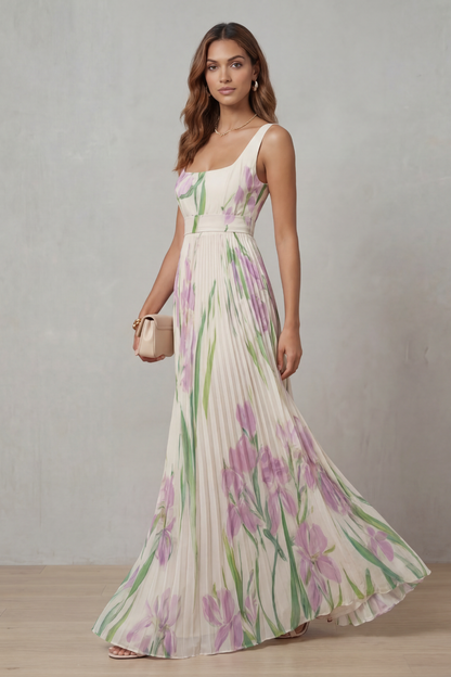 Phoebe | Maxi Dress Blush Pink Floral Pleated Square Neck for Women