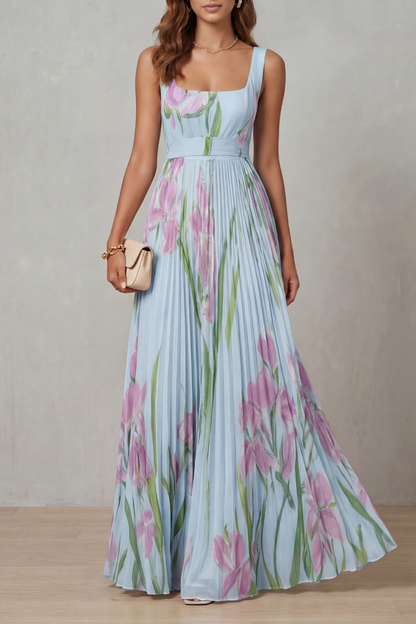 Phoebe | Maxi Dress Blush Pink Floral Pleated Square Neck for Women