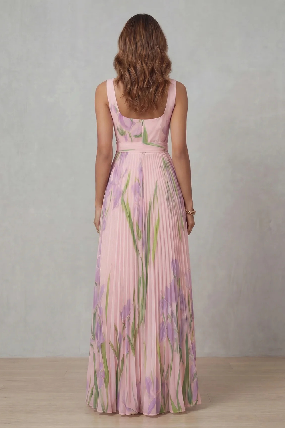Phoebe | Maxi Dress Blush Pink Floral Pleated Square Neck for Women