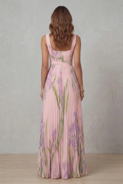 Phoebe | Maxi Dress Blush Pink Floral Pleated Square Neck for Women