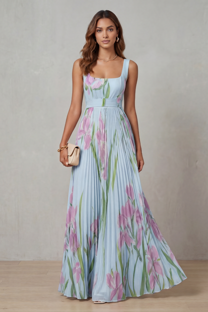 Phoebe | Maxi Dress Blush Pink Floral Pleated Square Neck for Women