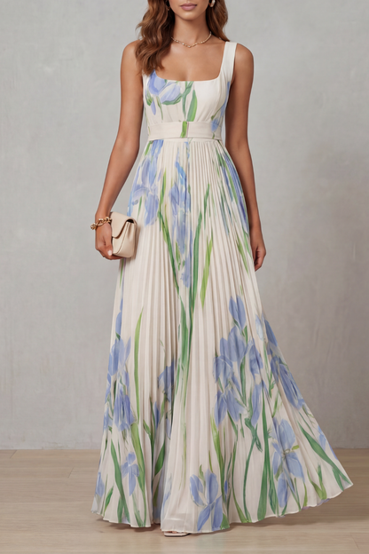 Phoebe | Maxi Dress Blush Pink Floral Pleated Square Neck for Women