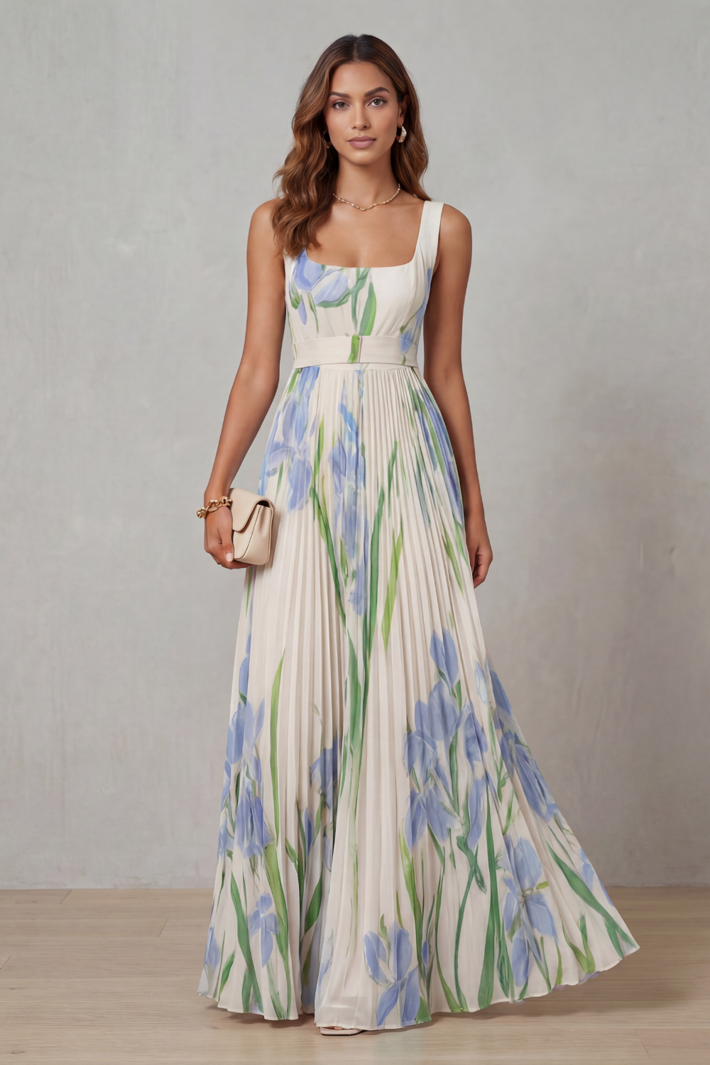 Phoebe | Maxi Dress Blush Pink Floral Pleated Square Neck for Women