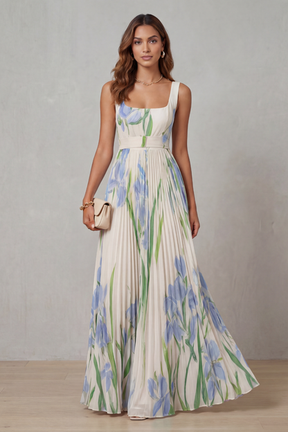 Phoebe | Maxi Dress Blush Pink Floral Pleated Square Neck for Women