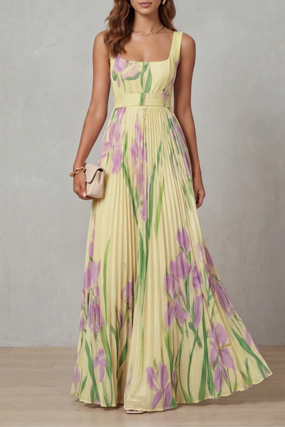 Phoebe | Maxi Dress Blush Pink Floral Pleated Square Neck for Women