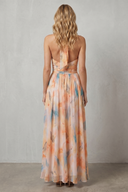 Rosalind | Maxi Dress Peach Watercolour Chiffon Halter Neck for Women