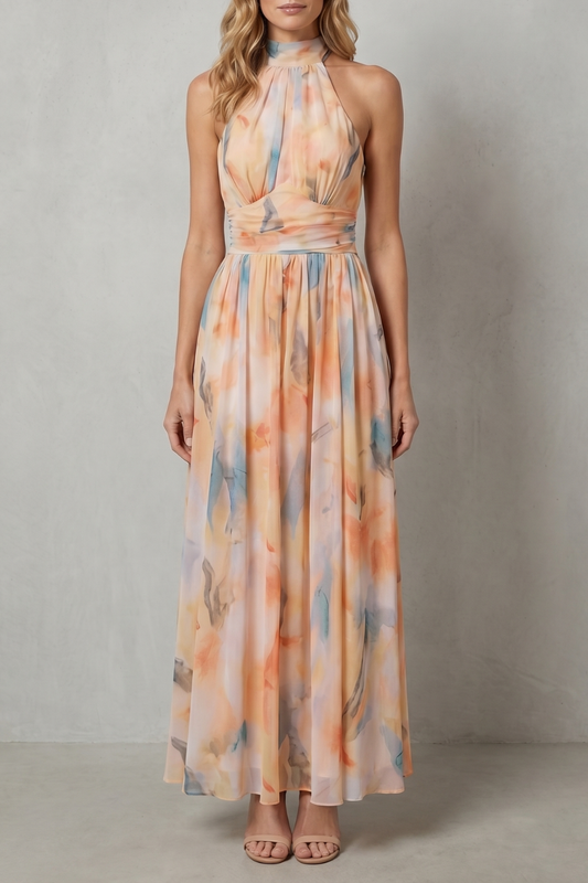 Rosalind | Maxi Dress Peach Watercolour Chiffon Halter Neck for Women