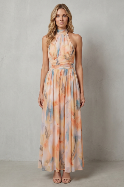 Rosalind | Maxi Dress Peach Watercolour Chiffon Halter Neck for Women