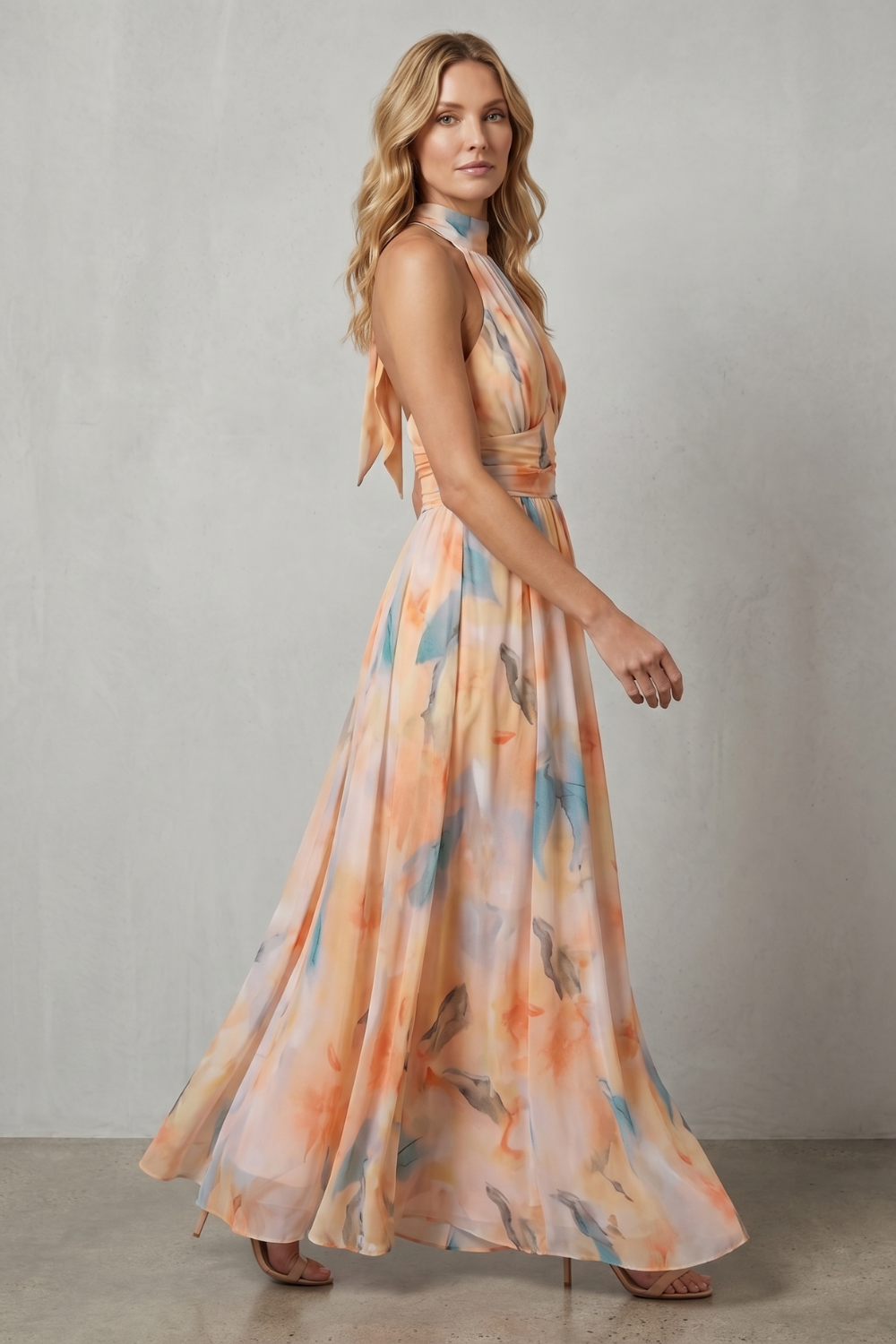 Rosalind | Maxi Dress Peach Watercolour Chiffon Halter Neck for Women