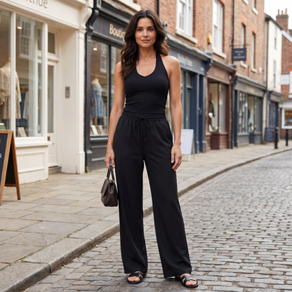 Cecily | Wide-Leg Trousers Black Soft Drawstring High-Waist for Women