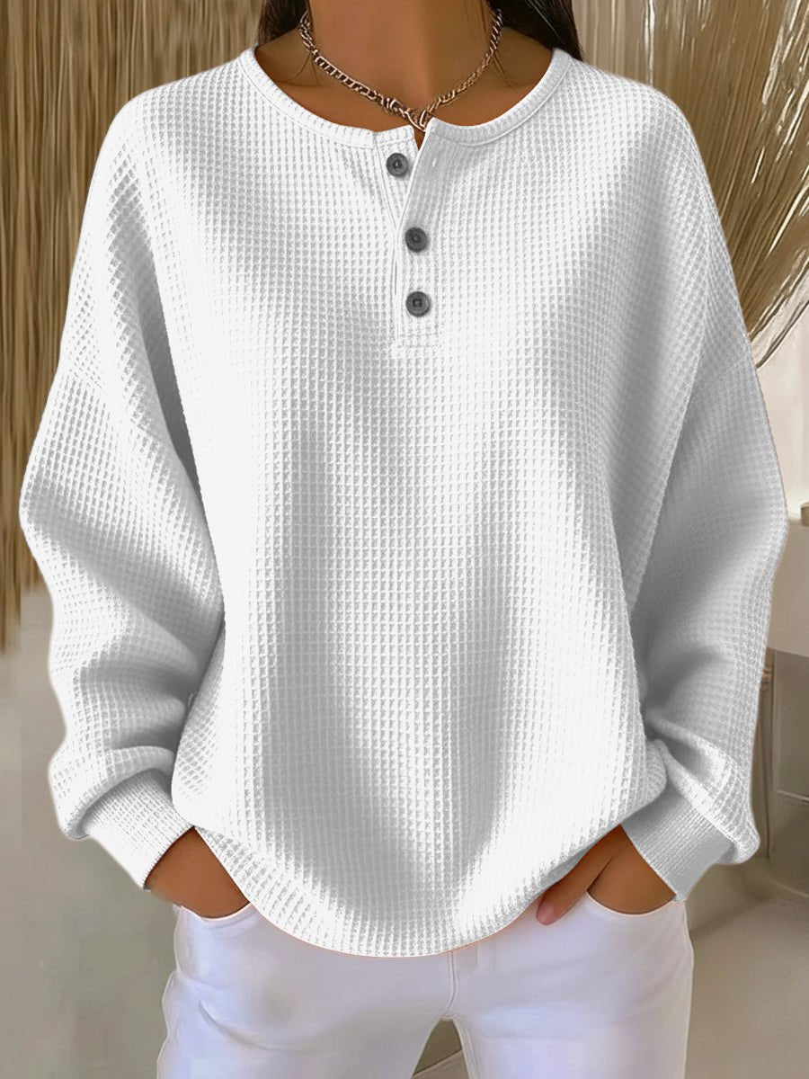 Florence | Sweatshirt Orange Waffle Knit Henley Neck Long Sleeve for Women