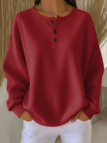 Florence | Sweatshirt Orange Waffle Knit Henley Neck Long Sleeve for Women