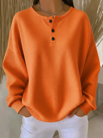 Florence | Sweatshirt Orange Waffle Knit Henley Neck Long Sleeve for Women