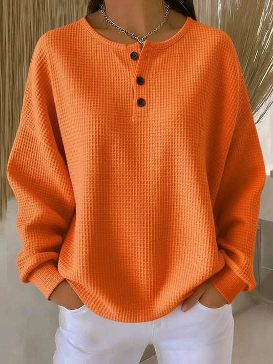 Florence | Sweatshirt Orange Waffle Knit Henley Neck Long Sleeve for Women