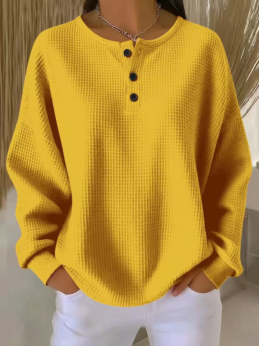 Florence | Sweatshirt Orange Waffle Knit Henley Neck Long Sleeve for Women