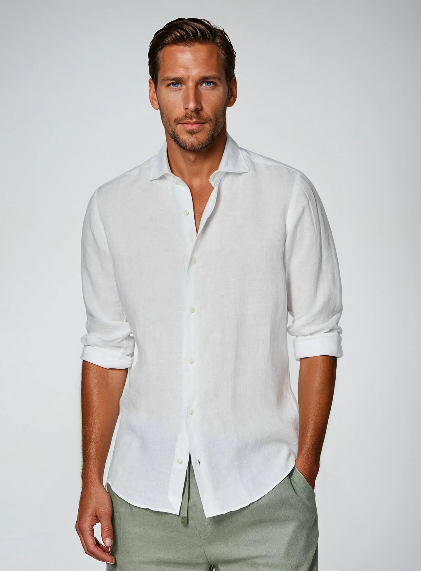 George | Linen Shirt White Spread Collar Long Sleeve for Men
