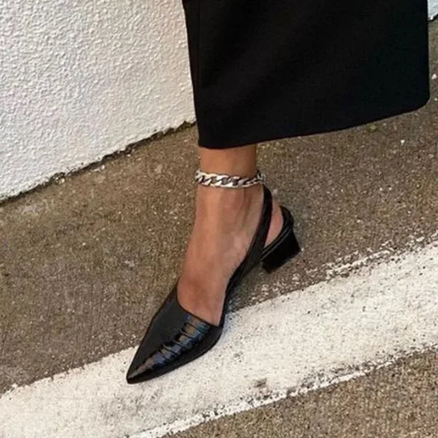 Blanche | Slingback Heels Black Croc-Embossed Pointed Toe Block Heel for Women