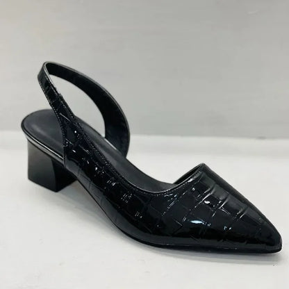 Blanche | Slingback Heels Black Croc-Embossed Pointed Toe Block Heel for Women