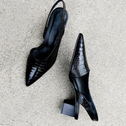 Blanche | Slingback Heels Black Croc-Embossed Pointed Toe Block Heel for Women