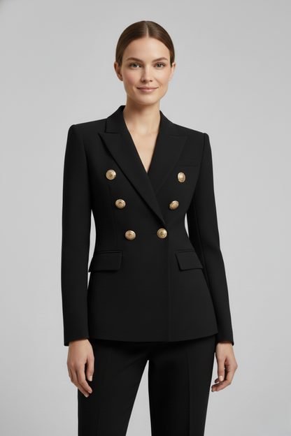 Valentina | Double-Breasted Blazer Black Tailored Gold Button for Women