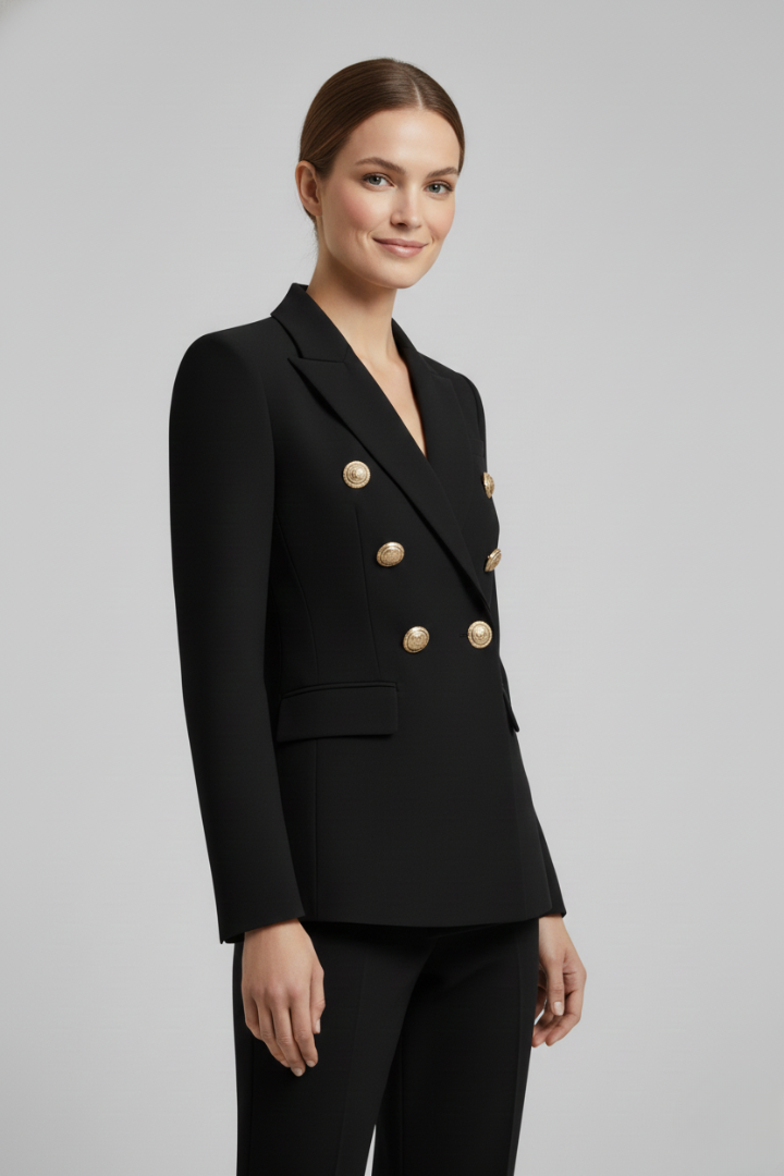 Valentina | Double-Breasted Blazer Black Tailored Gold Button for Women