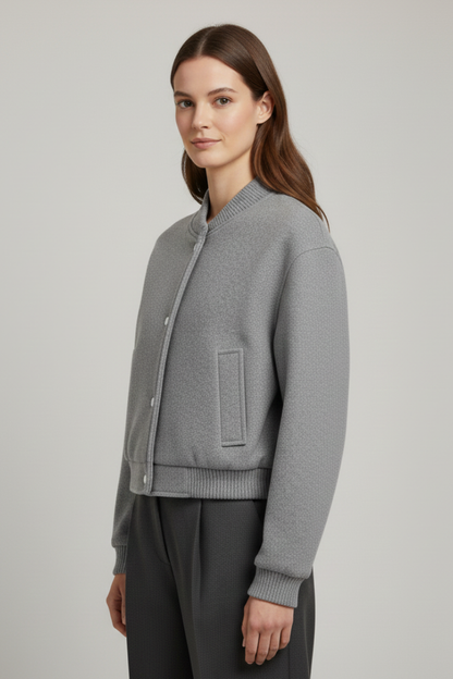Aveline | Bomber Jacket Grey Ribbed Snap-Button for Women