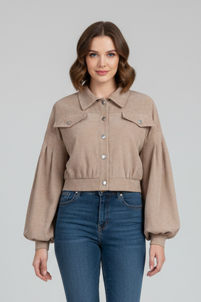 Honor | Cropped Jacket Taupe Corduroy Snap-Button for Women