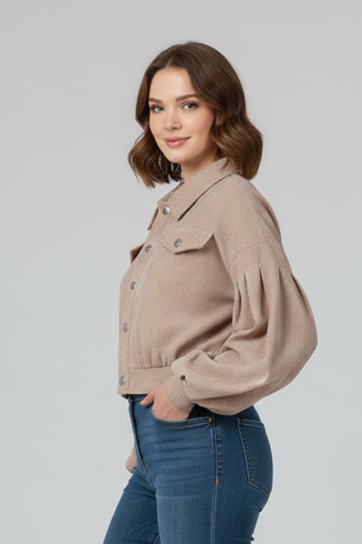 Honor | Cropped Jacket Taupe Corduroy Snap-Button for Women