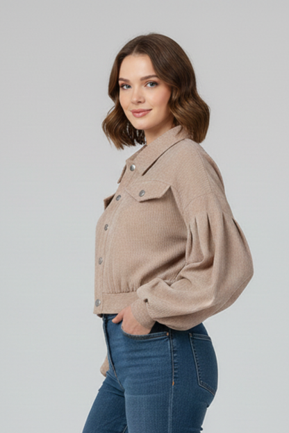 Honor | Cropped Jacket Taupe Corduroy Snap-Button for Women