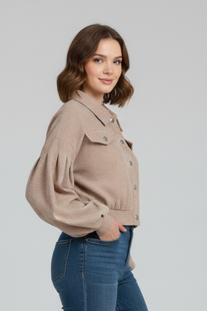 Honor | Cropped Jacket Taupe Corduroy Snap-Button for Women
