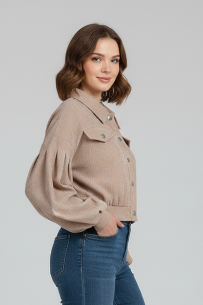 Honor | Cropped Jacket Taupe Corduroy Snap-Button for Women
