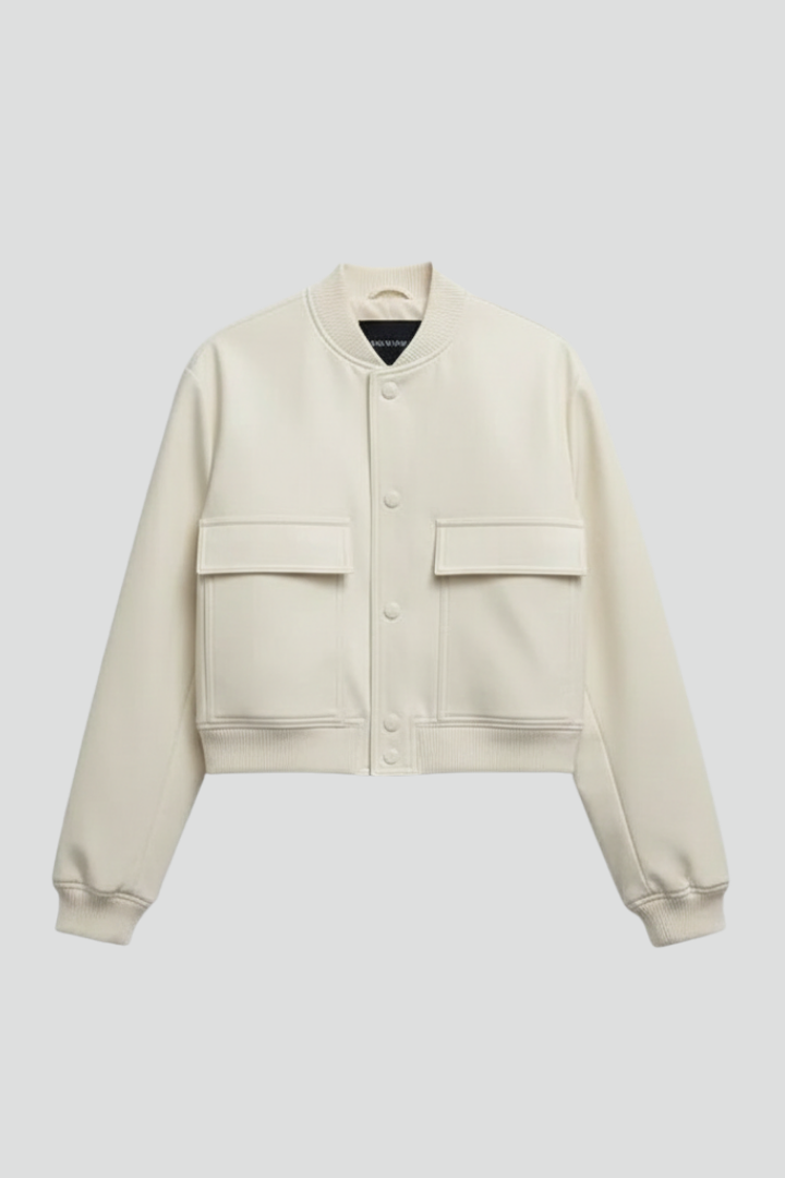 Fenella | Bomber Jacket Cream Cropped Ribbed Trim for Women