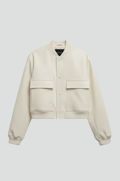 Fenella | Bomber Jacket Cream Cropped Ribbed Trim for Women