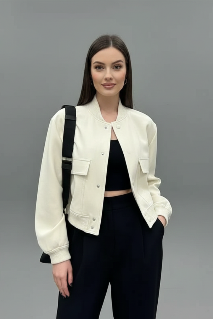 Fenella | Bomber Jacket Cream Cropped Ribbed Trim for Women