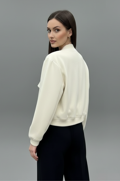 Fenella | Bomber Jacket Cream Cropped Ribbed Trim for Women