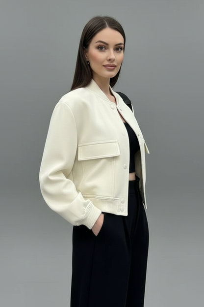Fenella | Bomber Jacket Cream Cropped Ribbed Trim for Women