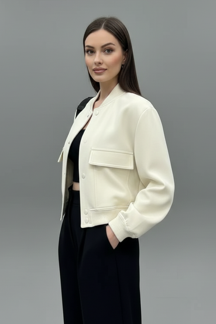 Fenella | Bomber Jacket Cream Cropped Ribbed Trim for Women