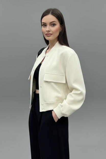 Fenella | Bomber Jacket Cream Cropped Ribbed Trim for Women