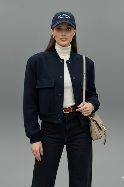Fenella | Bomber Jacket Cream Cropped Ribbed Trim for Women