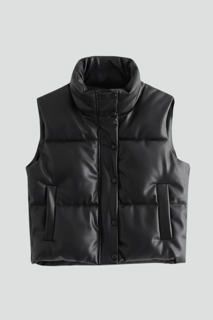 Christabel | Puffer Gilet Black Faux Leather Sleeveless for Women