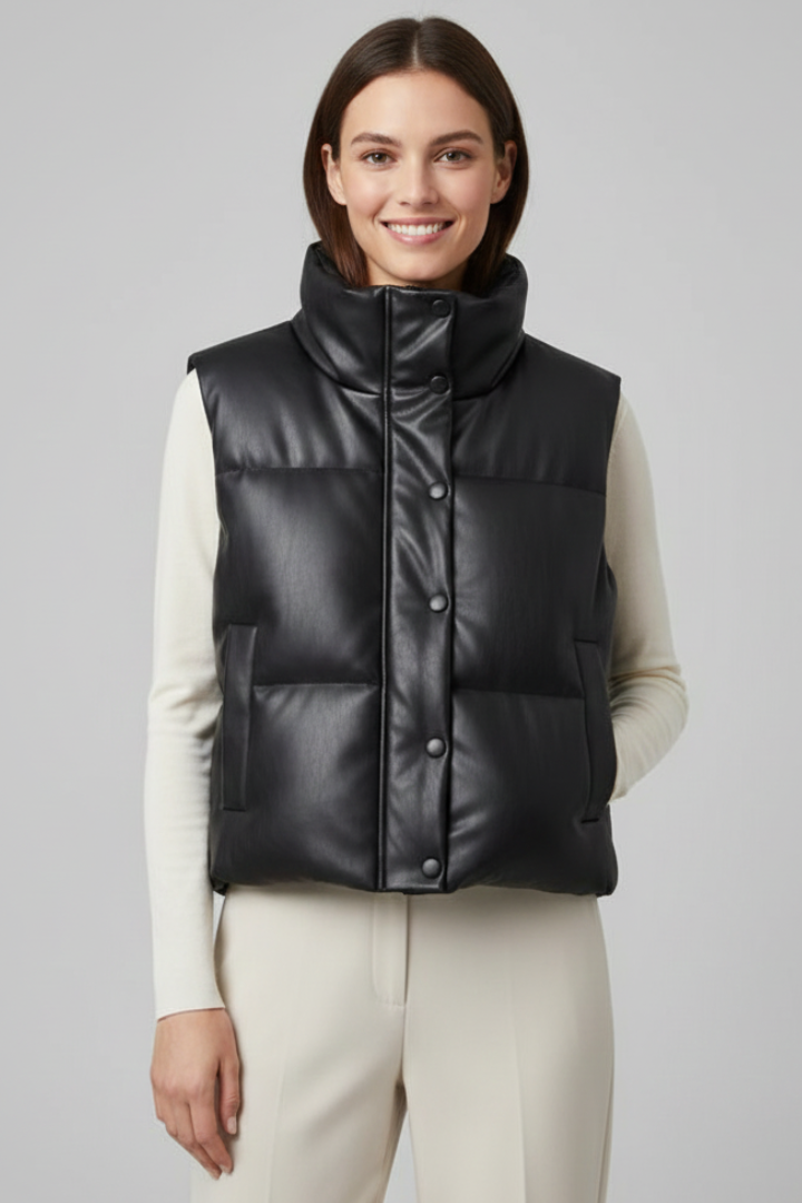 Christabel | Puffer Gilet Black Faux Leather Sleeveless for Women