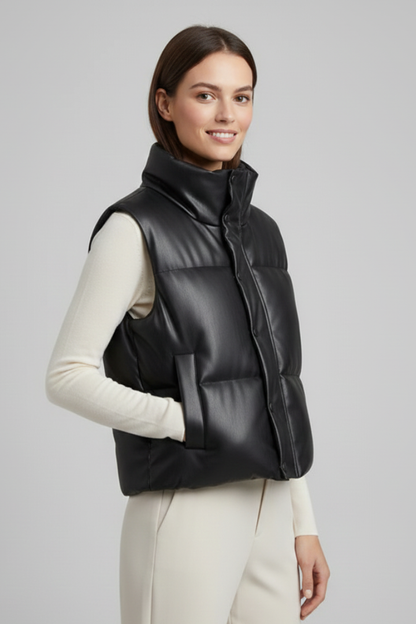 Christabel | Puffer Gilet Black Faux Leather Sleeveless for Women