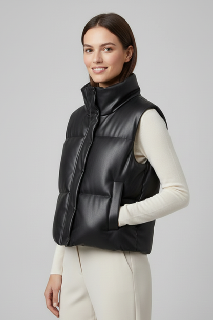 Christabel | Puffer Gilet Black Faux Leather Sleeveless for Women