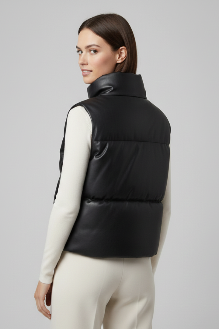 Christabel | Puffer Gilet Black Faux Leather Sleeveless for Women