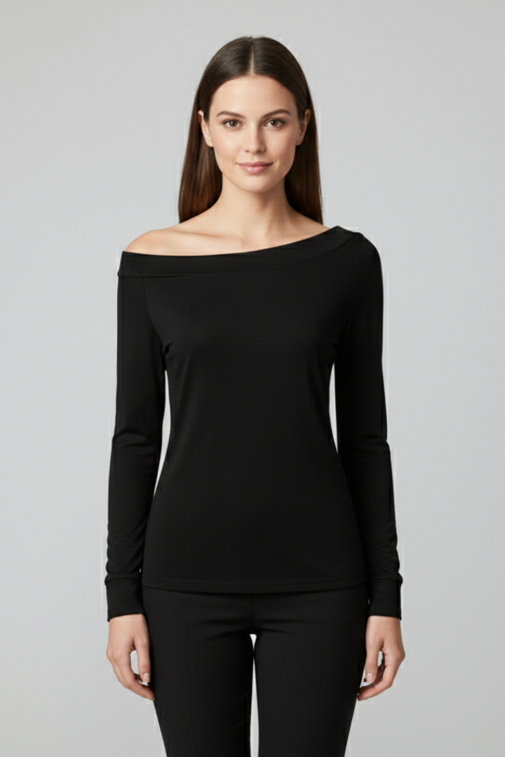 Elsie | Long Sleeve Top Black Off-Shoulder Asymmetric for Women